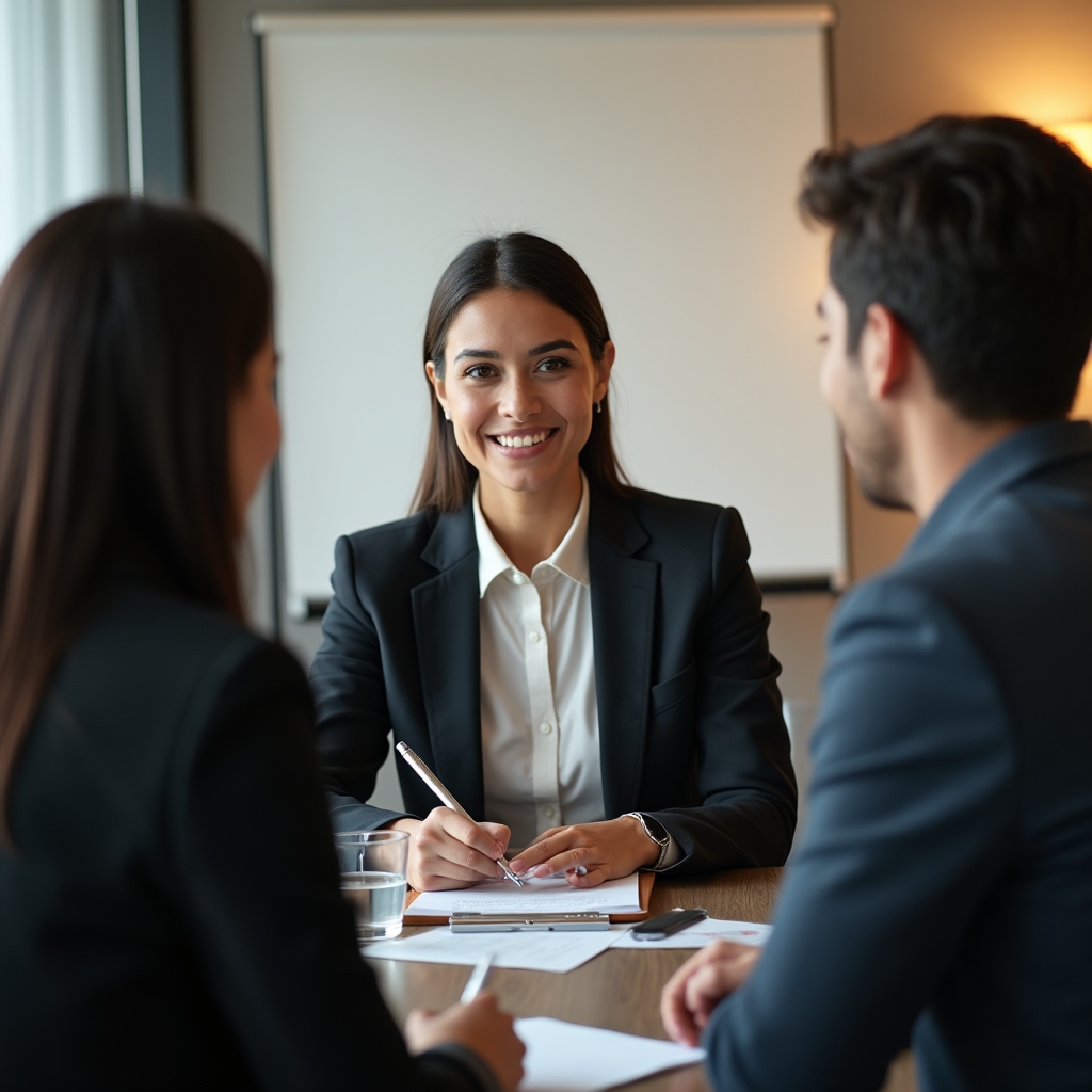Two people in a professional interview setting, interviewer taking structured notes while candidate speaks
