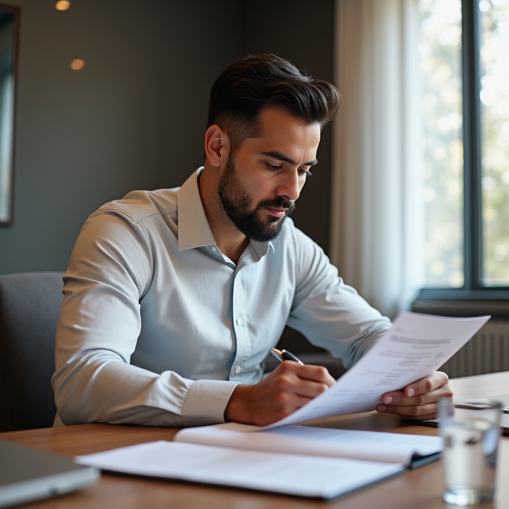 Business owner reviewing program materials in a well-lit meeting room