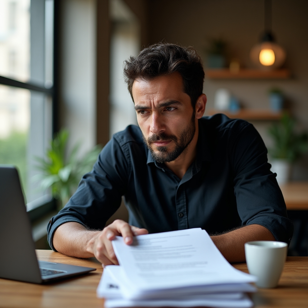 SME owner reviewing resumes at a desk, looking thoughtful and concerned