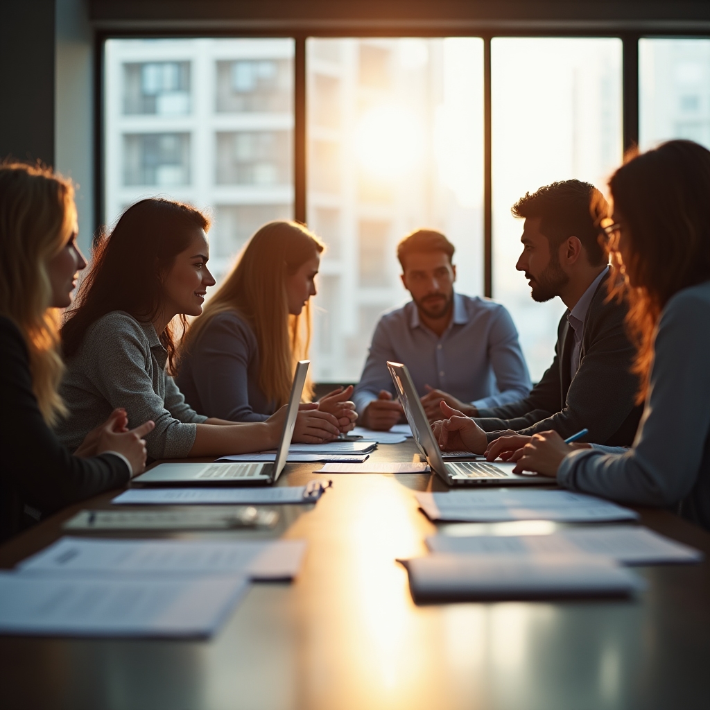 Management team in discussion around a conference table, reviewing hiring materials together